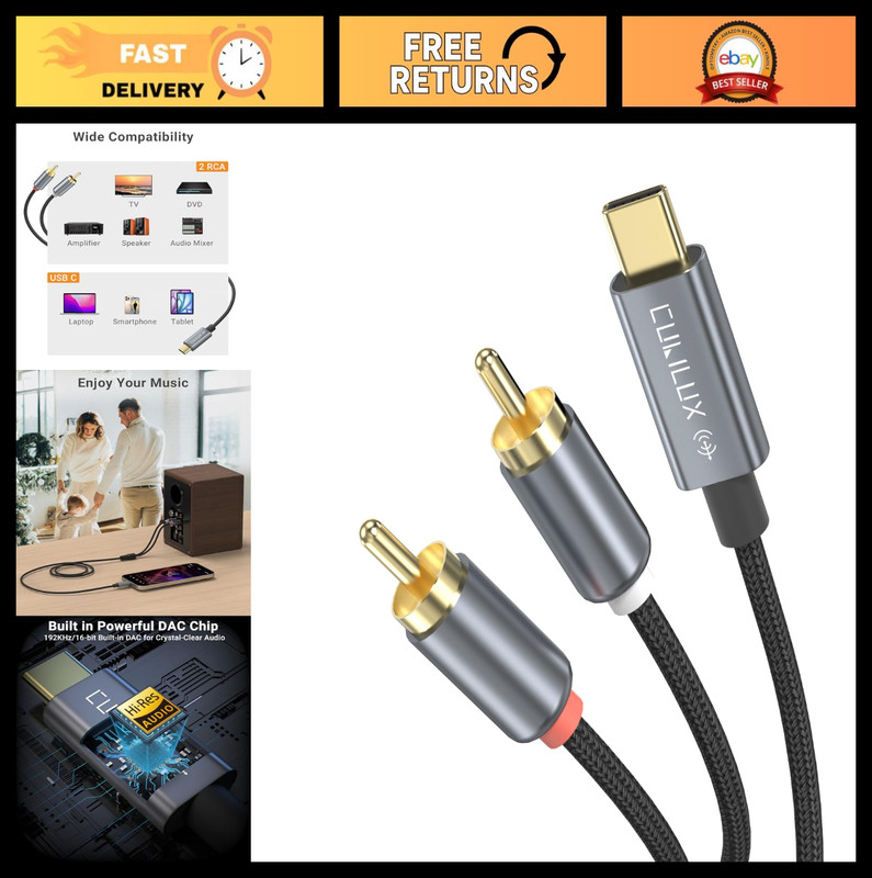 USB C to 2 RCA Audio Cable 6ft, Type C Male Y Splitter, RCA Aux Cord for iPhone,