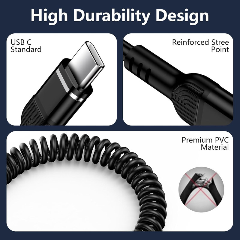 3FT Iphone Coiled Car Charger Cable, [Black] USB-C Coiled Cable for Iphone 17E/1 gallery
