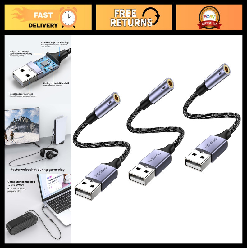USB to 3.5mm Audio Adapter, TRRS Aux Cable for PC, PS4, PS5 – 3 Pack, 20cm Nylon