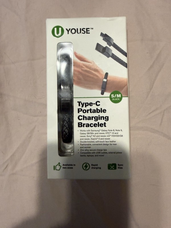 U YOUSE Type-C Portable Charging Bracelet Black 19.5cm Faux Leather Rapid Sync