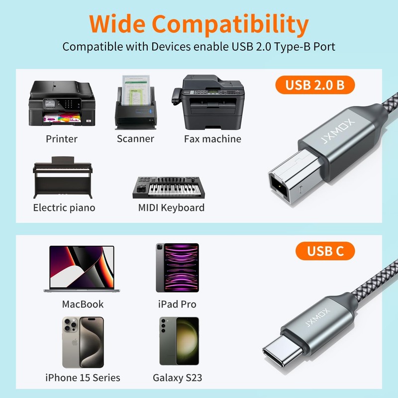 USB B to USB C Printer Cable, (6.6ft 2-Pack) Nylon Braided USB B to C Cord, U... gallery