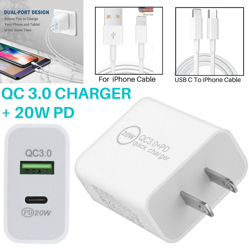 20W PD Type-C + USB 3.0 Charger Fast Wall Charger Adapter For iPhone 12 11 iPad