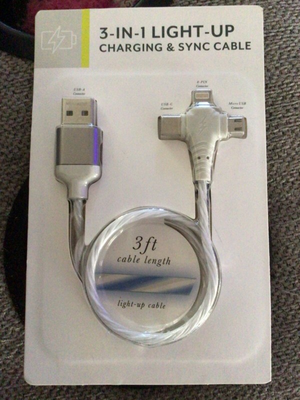 3-in-1 light up Charging and Sync Cable sealed in package