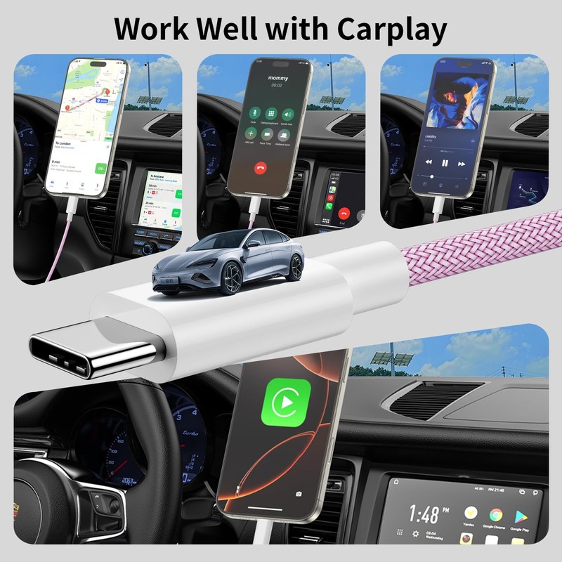 2 Pack 6.6FT Carplay Cable For iPhone MFi Certified Fast Charging Pink gallery