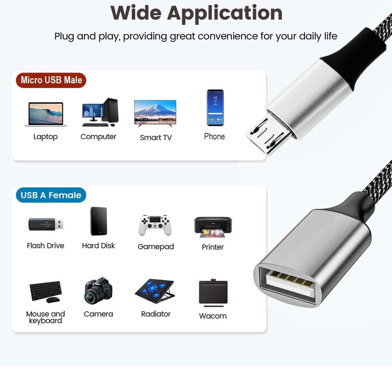 2 Pack Short Micro USB To USB A Splitter Male Dual Micro Charging Cable Cord gallery