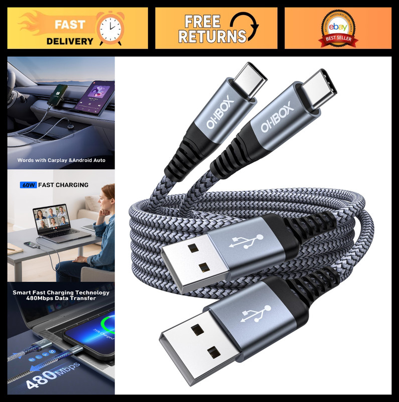60W Fast Charging USB A to USB C Cable 6FT [2 Pack] Braided Charger for iPhone &