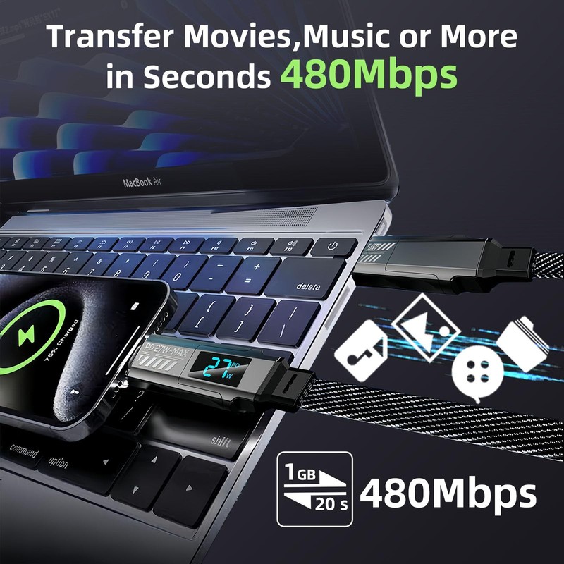 4-in-1 USB C Cable with Wattage Display, 65W 3A Flat Nylon Braided Multi Char... gallery