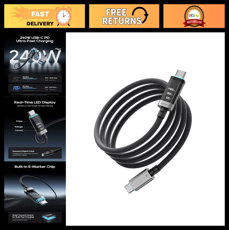 240W USB C to USB C Cable with OLED Display, 6.6ft, 6A Fast Charging, Durable Br