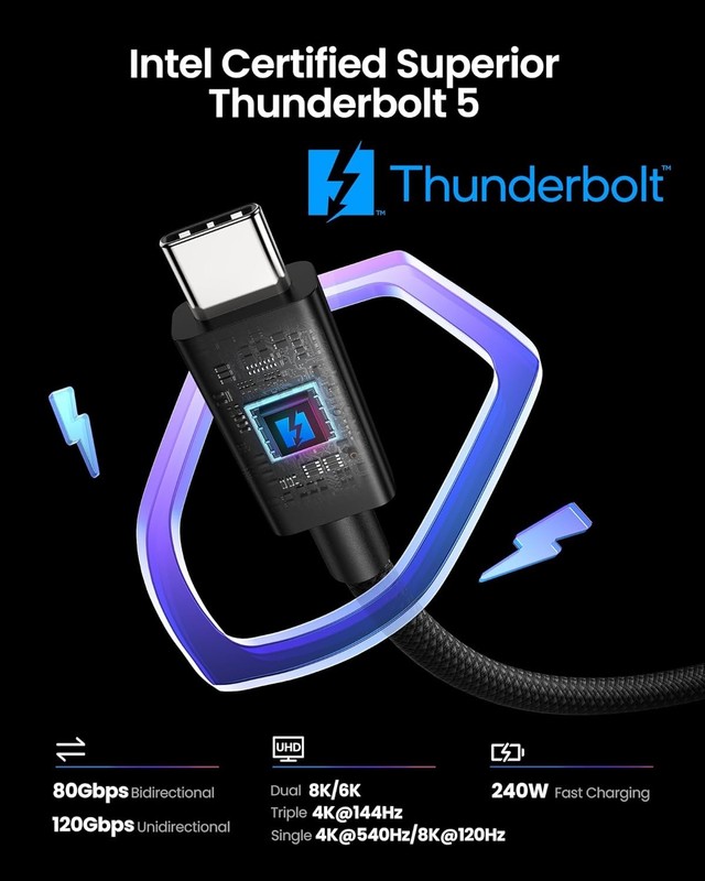 80Gbps Thunderbolt 5 Cable USB Type-C Boost 8K 240W PD Fast Charger Magnetic 16K gallery