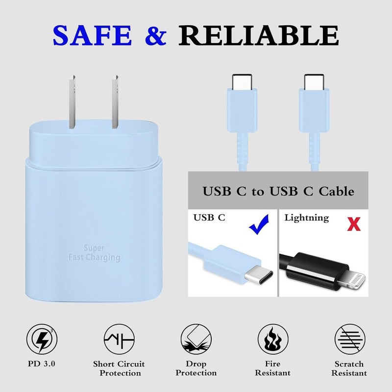 Superior Safety 25W Type C Fast Charger Duo with 6ft USB-C Charging Cable - Blue gallery