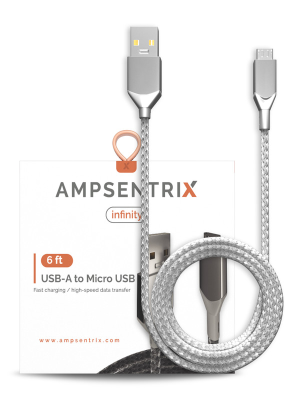 AmpSentrix – 6 Ft Micro USB To USB Type A Cable (Infinity) (Silver)