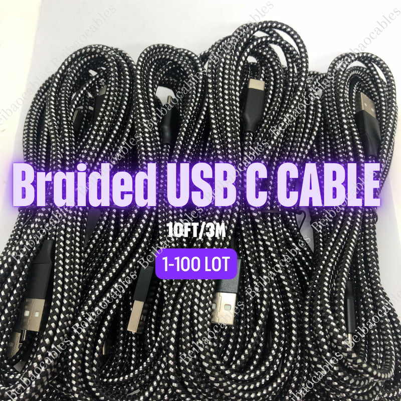 1-100Pack Braided USB Type-C Fast Charging Data SYNC Charger Cable Cord 10FT Lot