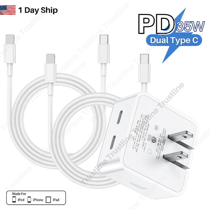 PD 35W Dual USB C Fast Charger Power Adapter Type C Cable For iPhone 14/13/12/11