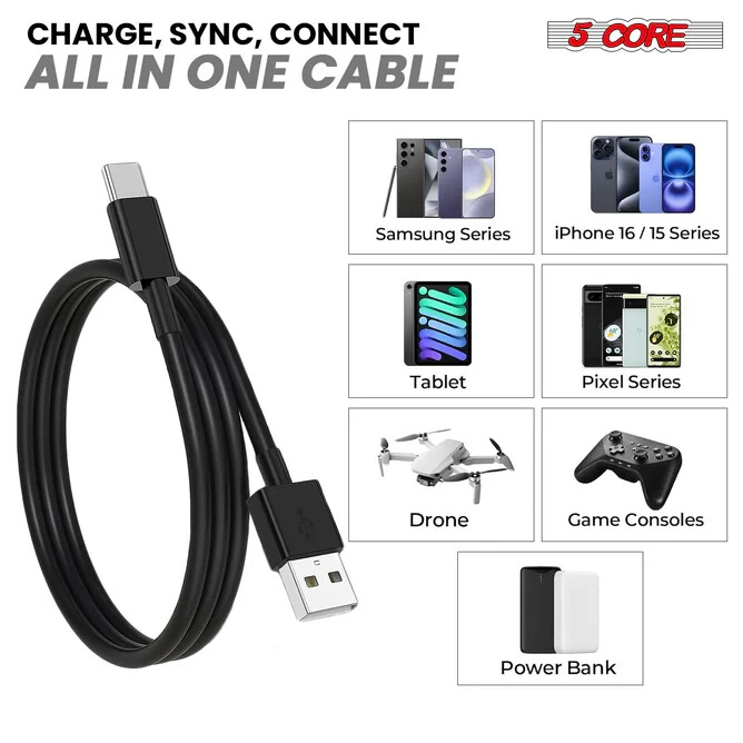 5 Core USB to USB C Cable 5 Pieces Fast Charging & Data Transfer Durable Black gallery
