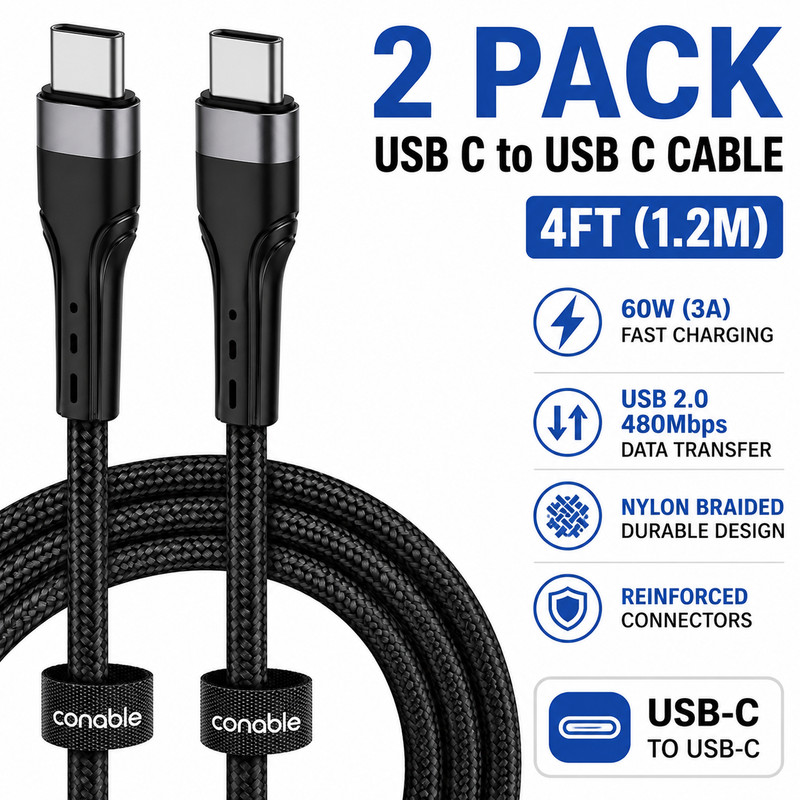 2 Pack USB C to USB C Premium Cable 4FT Braided 60W Fast Charging Black