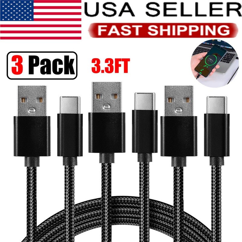 3 Pack Braided USB C Type-C Fast Charging Data SYNC Charger Cable Cord 3FT Black