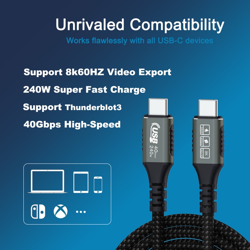 Thunderbolt 4 3 USB-C M/M Cable 40Gbps 8K 240W Charger Adapter For Apple Macbook
