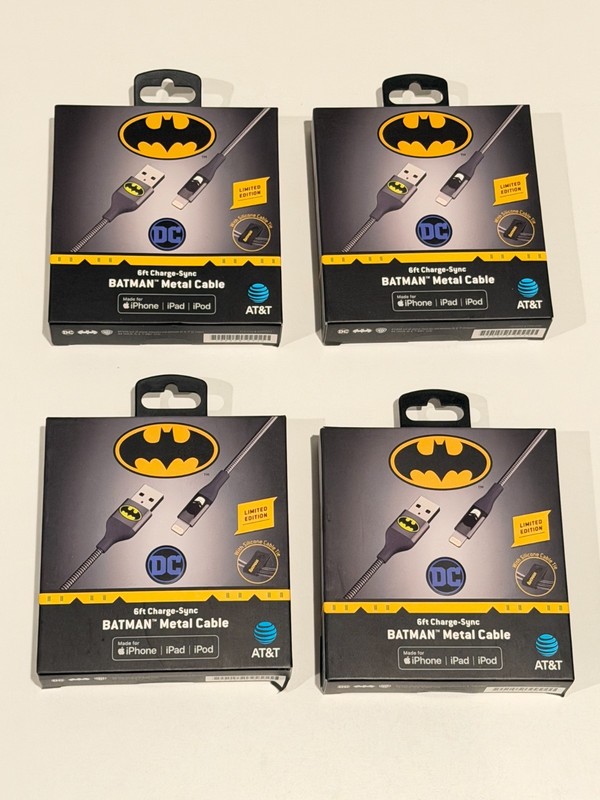 DC Comics Batman Lightning (MFI Certified) to USB Cable 6 ft Black (4 Pack) NEW
