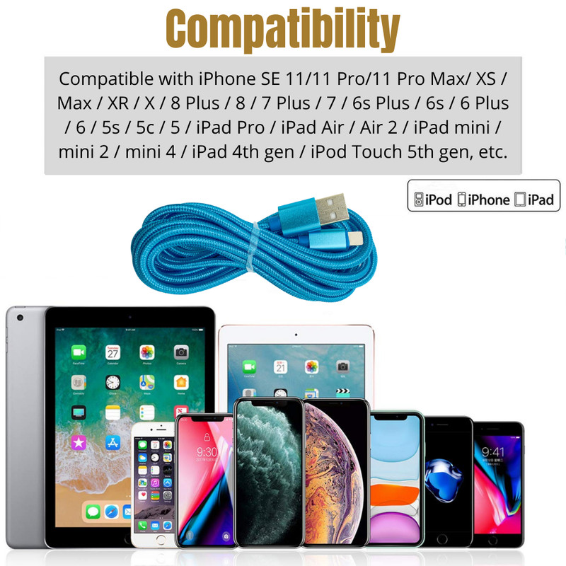 10Ft Long USB Fast Charger Cable For iPhone 14 13 12 11 8 Braided Charging Cord gallery