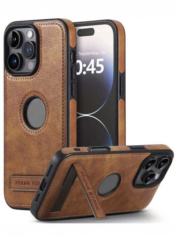 Leather Kickstand Phone Case – Shockproof Cover for iPhone 15–16