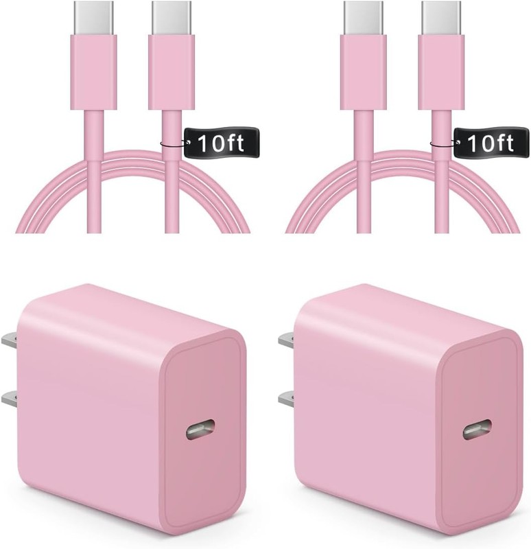 iPhone 17/16/15 20W USB C Charger 10FT 2 Pack Pink Cable Block