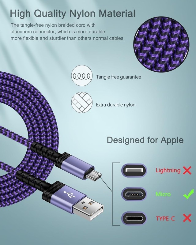 Stylish 6FT Purple Micro USB Cable - Fast Charging Nylon Braided for All Devices gallery