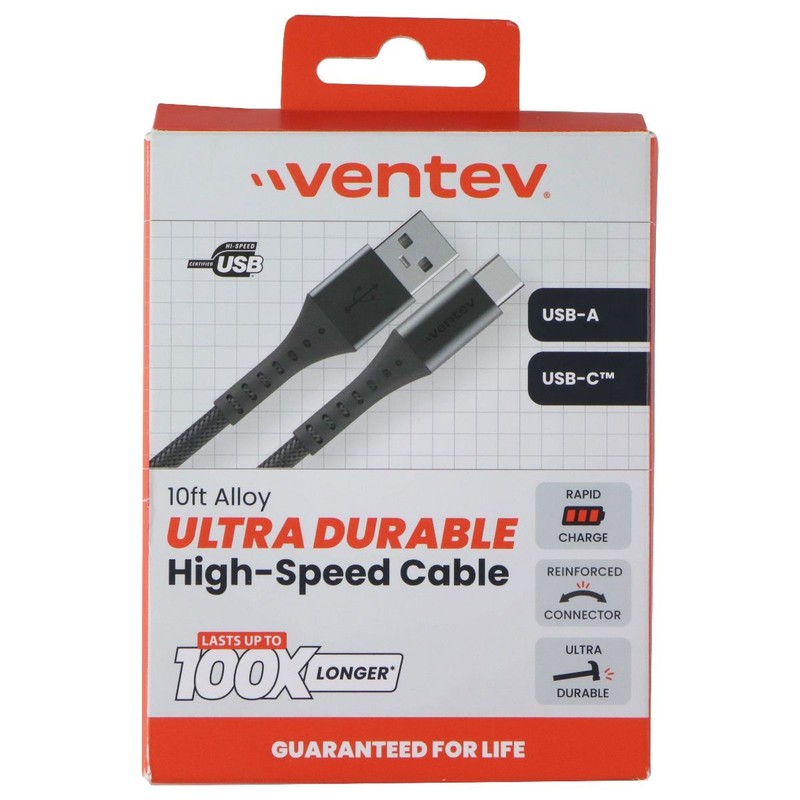 Ventev 10 Foot Alloy USB-A to USB-C Ultra Durable High Speed Cable - Gray gallery