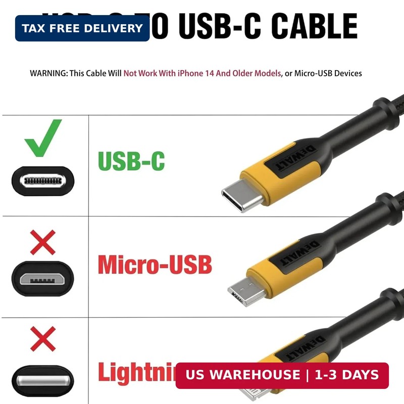 DEWALT Heavy Duty USB C Cable, Jobsite 60 Watt USB C Cable, High Speed Type-C to gallery