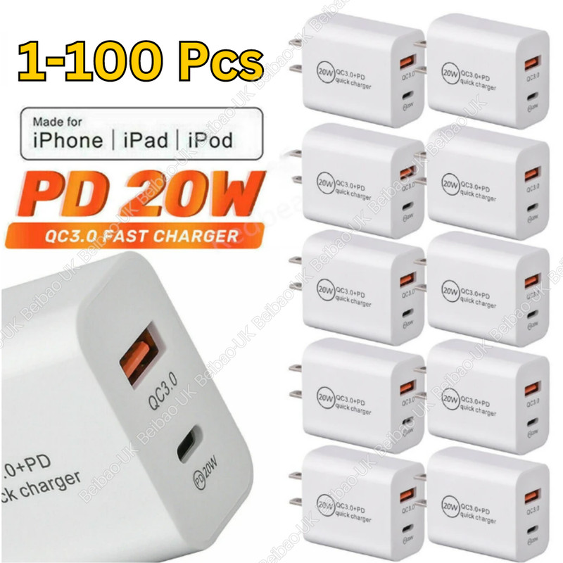 PD 20W USB-C Power Adapter Fast Wall Charger For iPhone 15 14 8 iPad Samsung Lot