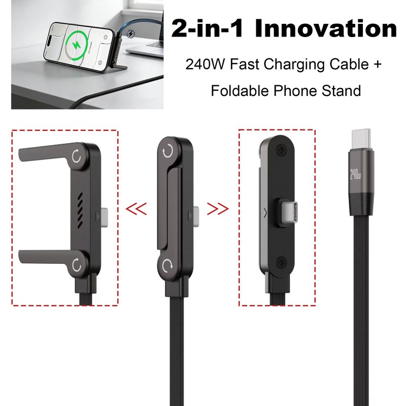 240W 2-in-1 USB C Fast Charg Cable Rotatable Stand Holder Playing While Charging