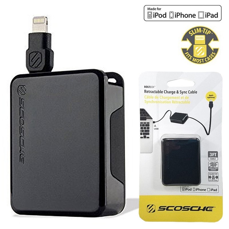 Scosche BoltBox Retractable Charge and Sync Cable, Black