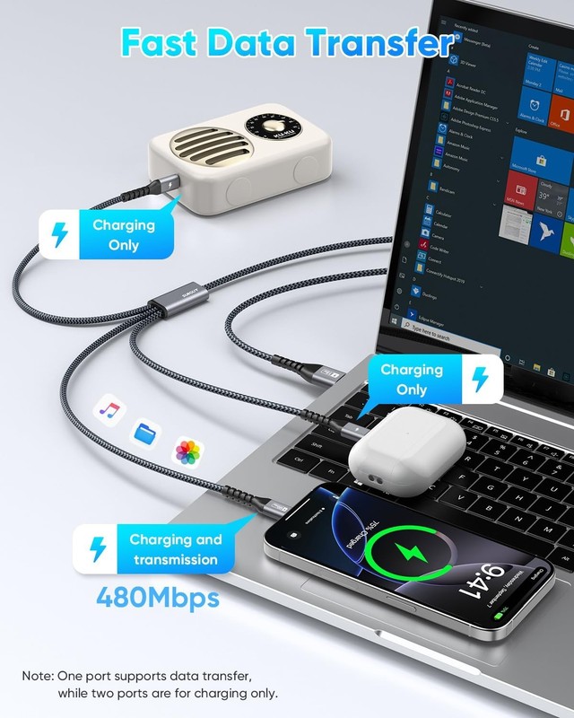 Durable 4FT USB C Charging Cable - 3-Port Design for Fast, Safe Charging gallery
