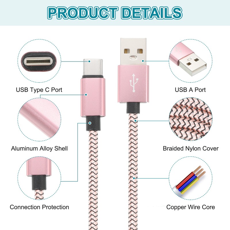 9.84ft USB Type C Charger Cable 3pcs 2.4A Type-C Braided Charging Data Cord Pink gallery