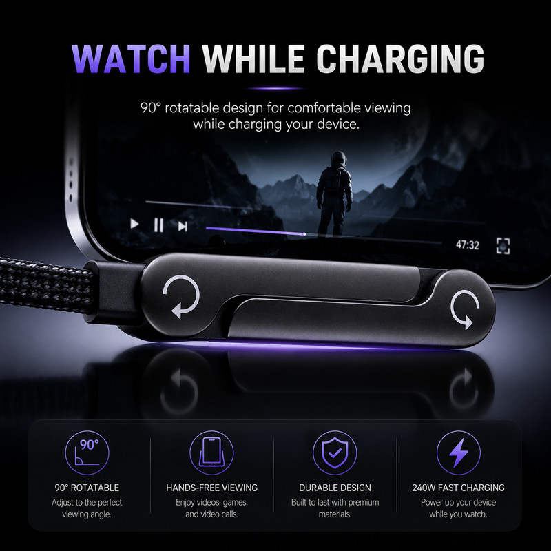 2-in-1 Invisible Holder Charger Cable–240W Fast Charging Cord with Phone Stand gallery
