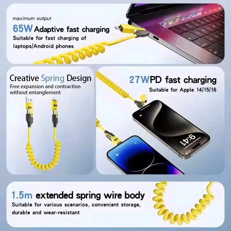 4 in 1 Multi USB Charging Cable Fast 65W Charging Coiled USB C Charger Cord gallery