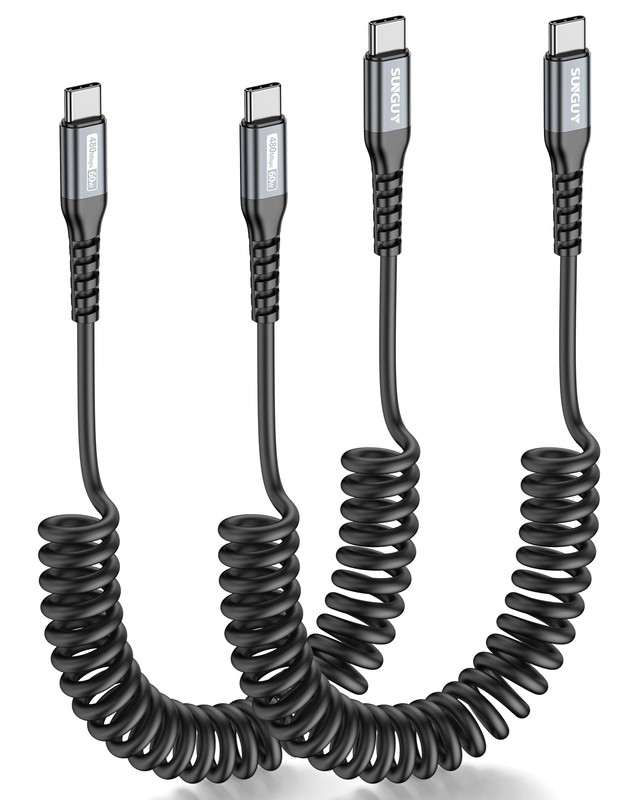 SUNGUY Coiled USB C to C Cable 2-Pack, Tangle-Free Retractable 6FT, Grey