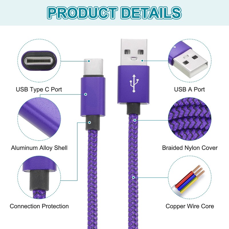 9.84ft USB Type C Charger Cable 2pcs 2.4A Type-C Braided Data Cord Purple gallery
