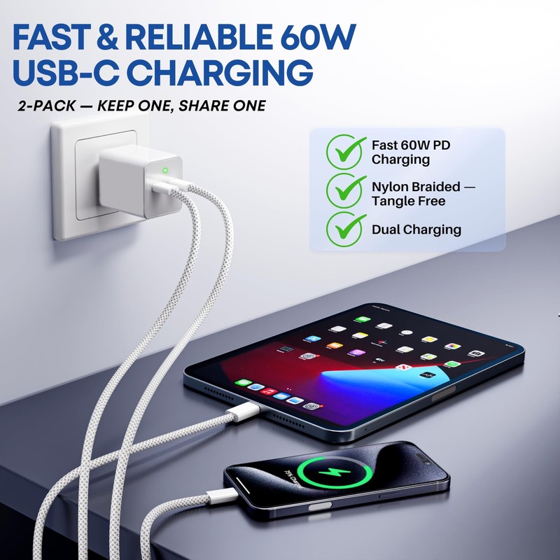 CCLINE USB-C to Cable 2-Pack, 60W Fast Charging, 2pack-3ft, White gallery