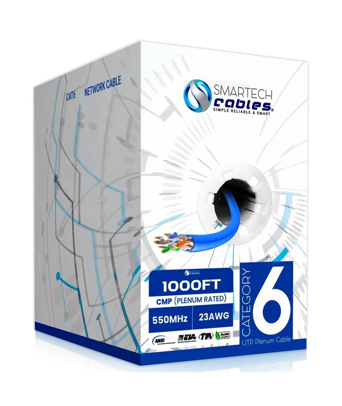 Cat6 Plenum Cable 1000ft | 10Gbps, UTP, 23AWG, 550MHz, CMP-Rated, Easy-Pull B...