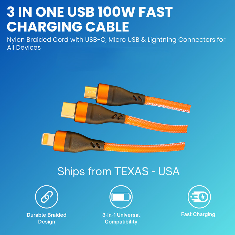 3 in 1 USB 100W Fast Charging Cable 1.2m - Orange gallery