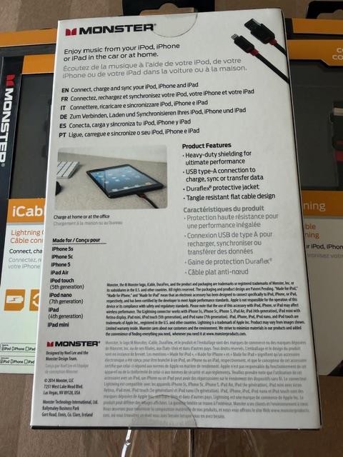 (LOT of 6)--BRAND NEW SEAL Monster 6-inches USB Lightening Cable for iPhone/iPad gallery