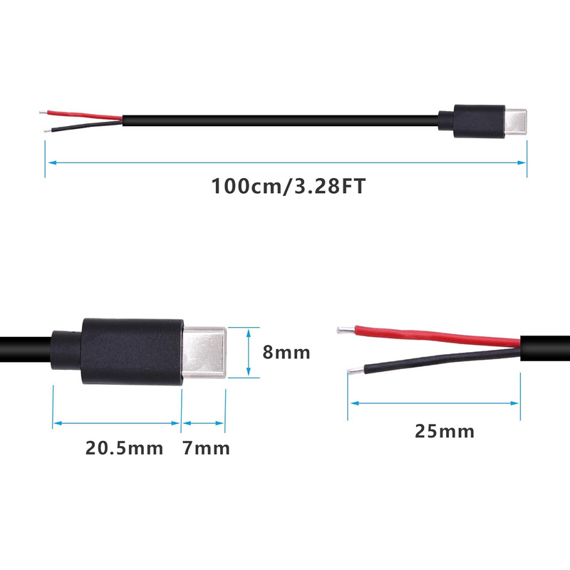 USB C 2 Pin Power Pigtail Cable 20AWG 5V USB Type C Male Plug to 2 Pin Bare Wire gallery