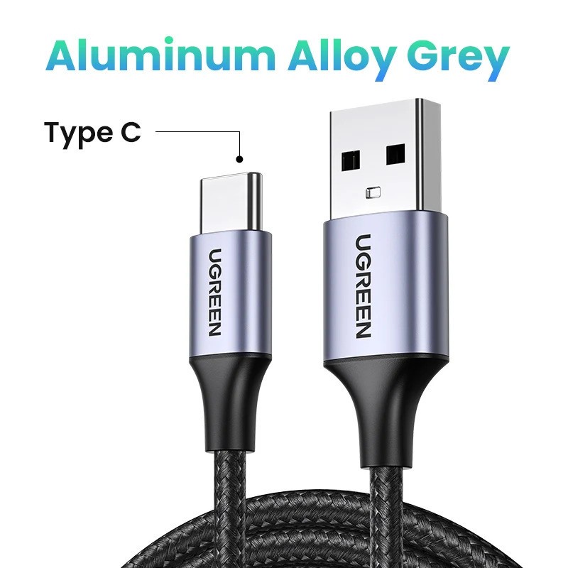 UGREEN USB-A to USB-C Fast Charging Braided Cable, for Apple/Samsung, Black/Gray