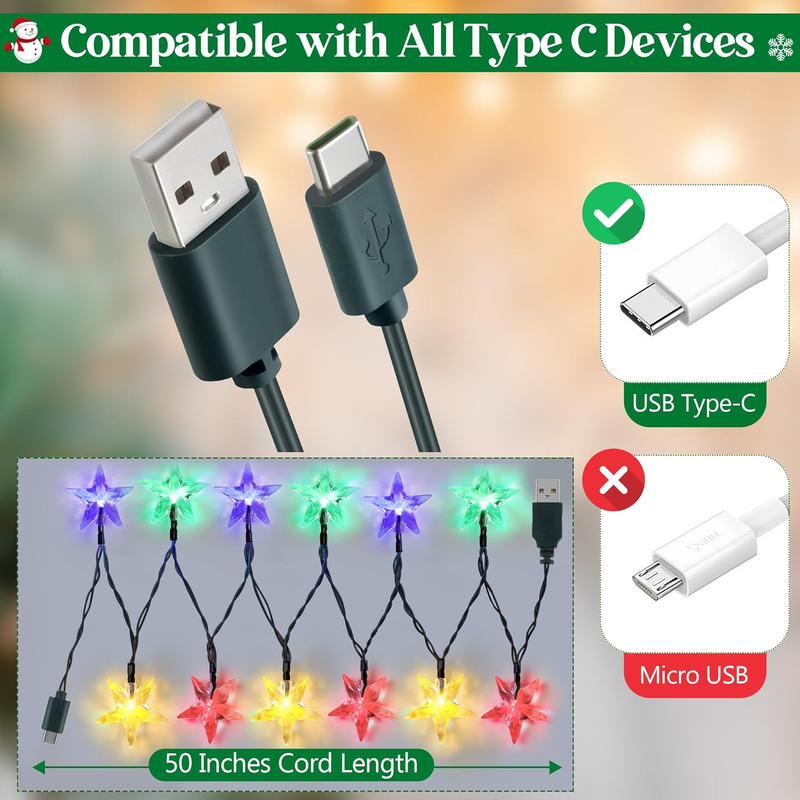 1 Pack USB Type C Christmas Light Phone Charger Cable, Multicolor 12 LED 50 Inch gallery