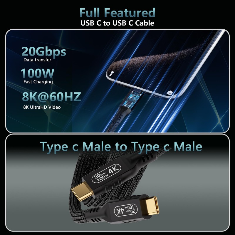 USB C Cable 3.2 Gen 2 Data Transfer 16.5 FT 100W PD 4K@60Hz Video Monitor gallery