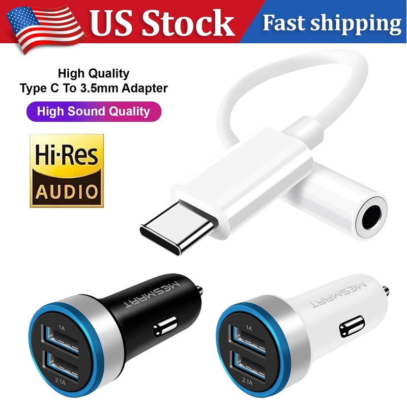 US Fast USB Car Charger Adapter& USB-C to 3.5mm Aux Jack Adapter Earphone Cable
