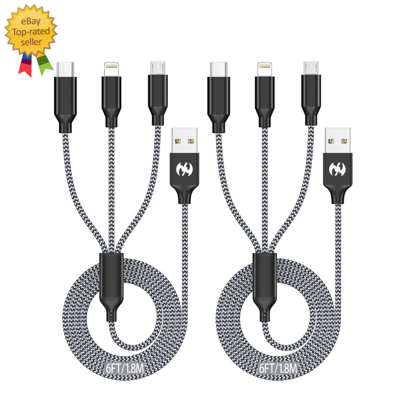 Multi Charging Cable 6Ft 2Pack 3 in 1 Charger Cord, Multiple Rapid Nylon Braided