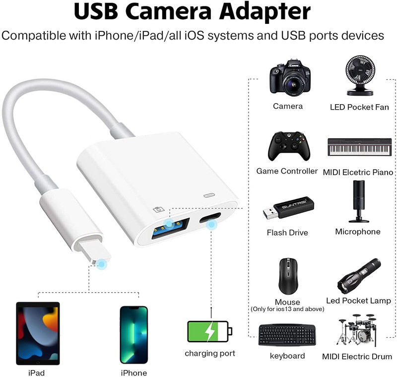 [Plug&Play] Portable USB Camera Adapter for iPhone 13 12 11 OTG w/Charging Port gallery
