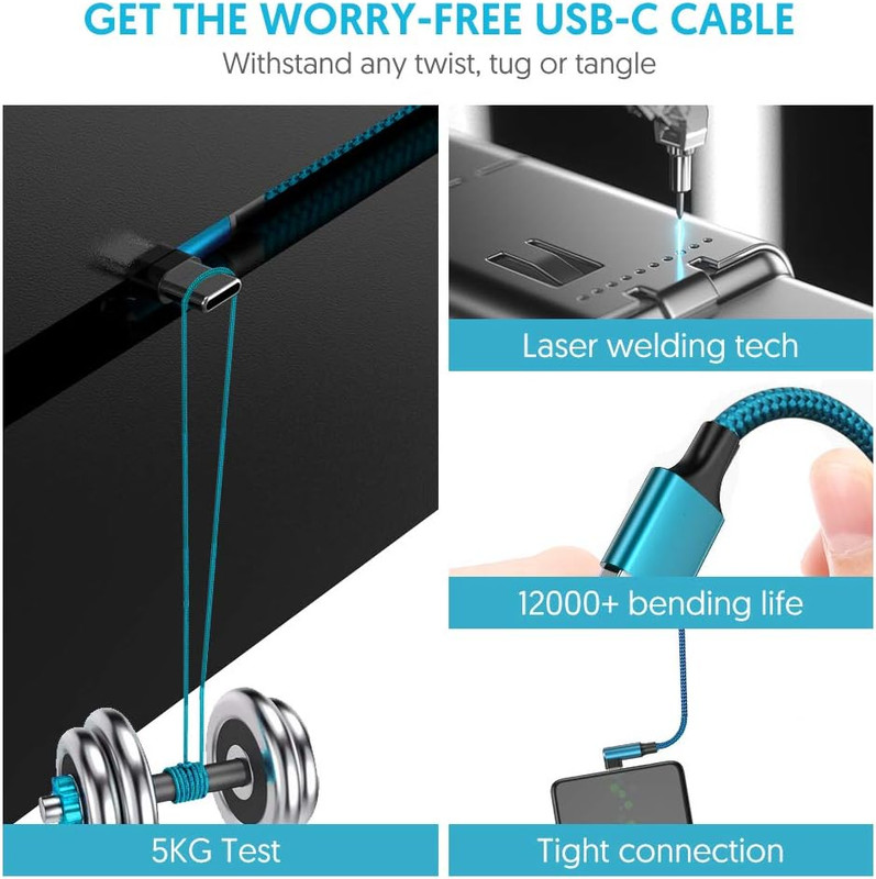 Type C Cable 90 Degrees Right Angle [3-Pack 10Ft] Nylon Braided USB a to USB C F gallery