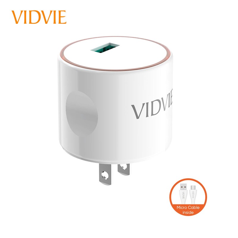 VIDVIE PLM328Q USB Wall Charger with Cable for Micro USB or Type-C 15W